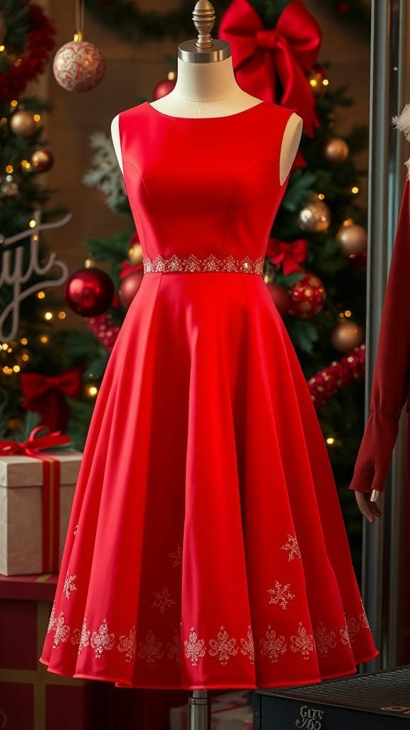 A red Christmas dress with a fitted bodice and flared skirt, decorated with sequins, displayed in a festive setting.